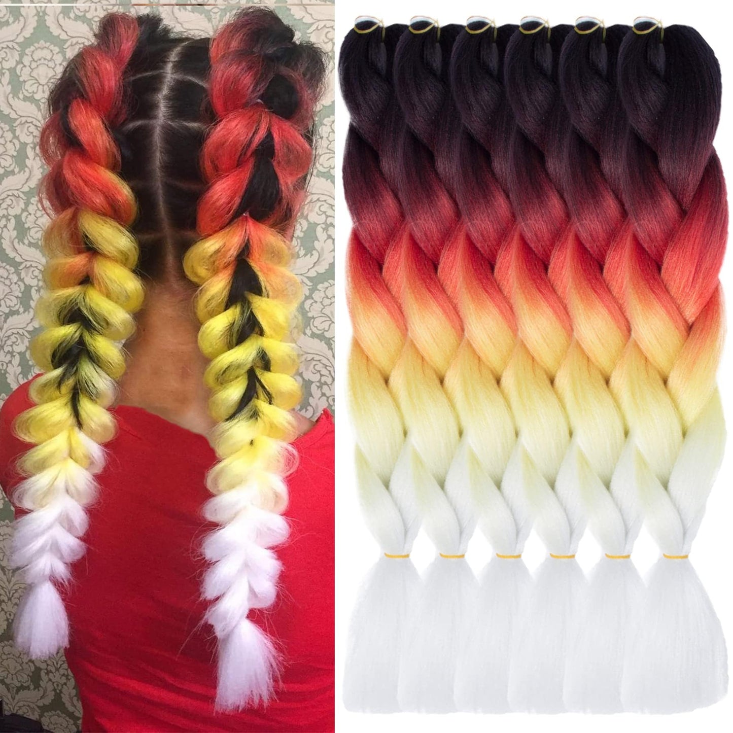 Braiding hair extensions #D1 - Ombre: Black / Red / Yellow / White